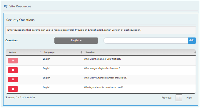 Admin District Settings - Security Questions section