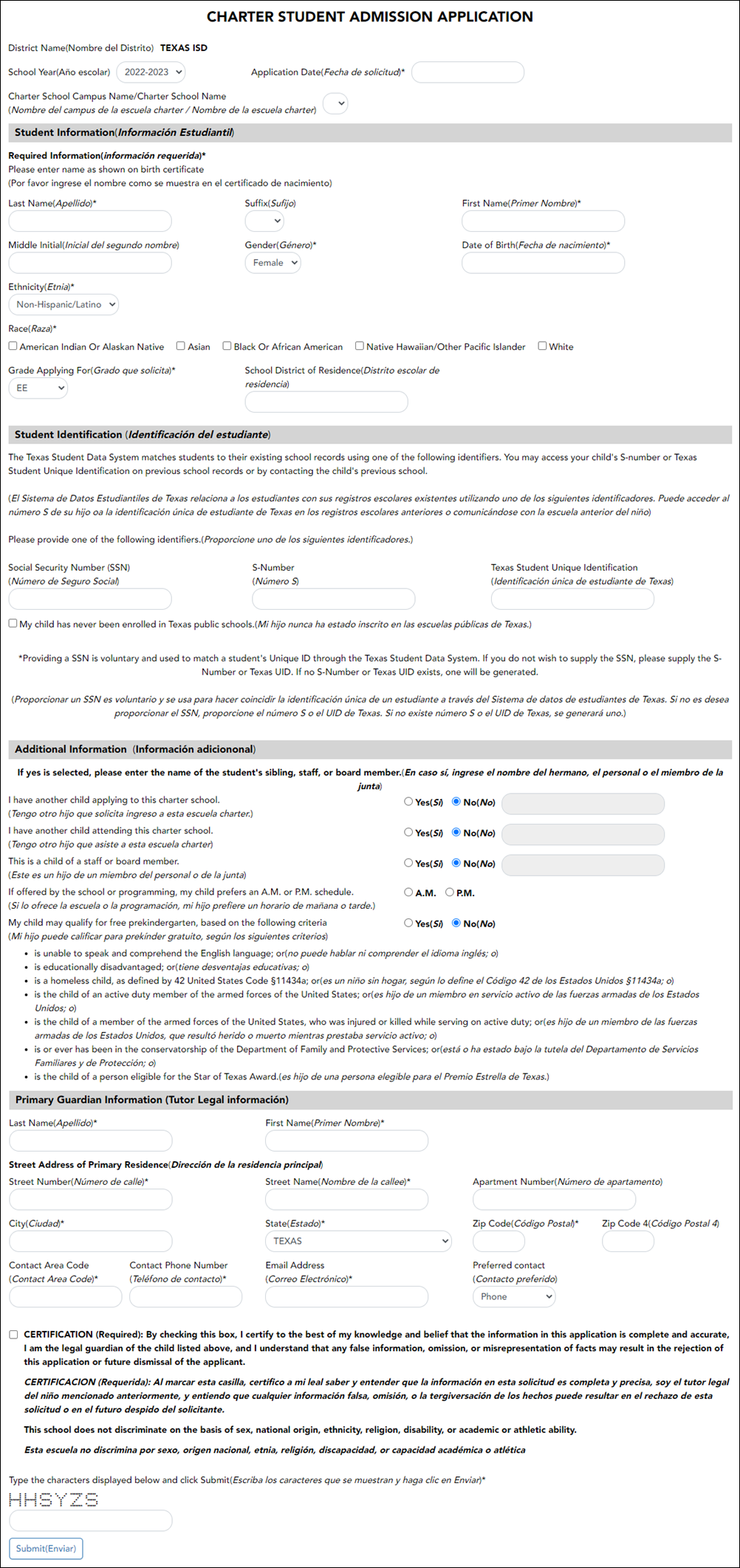 Charter School Admission Application