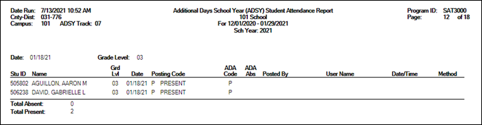 SAT3000 report with ASDY Attendance Days