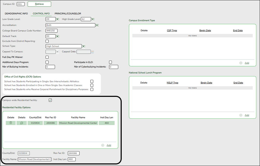 Campus Control info tab with RF fields highlighted