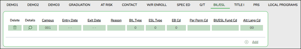 Bil/ESL tab with Entry and Exit Date and LEP Cd fields highlighted