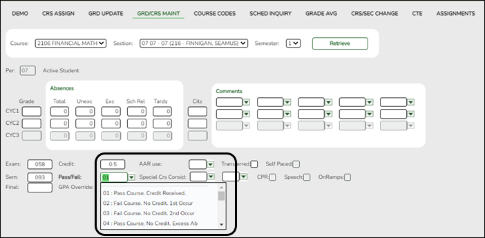 Grd/Crs Maint tab with StudentSectionAssociation element highlighted