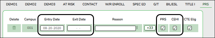 PRS tab with Entry/Exit Date, PRS, and CEHI fields highlighted