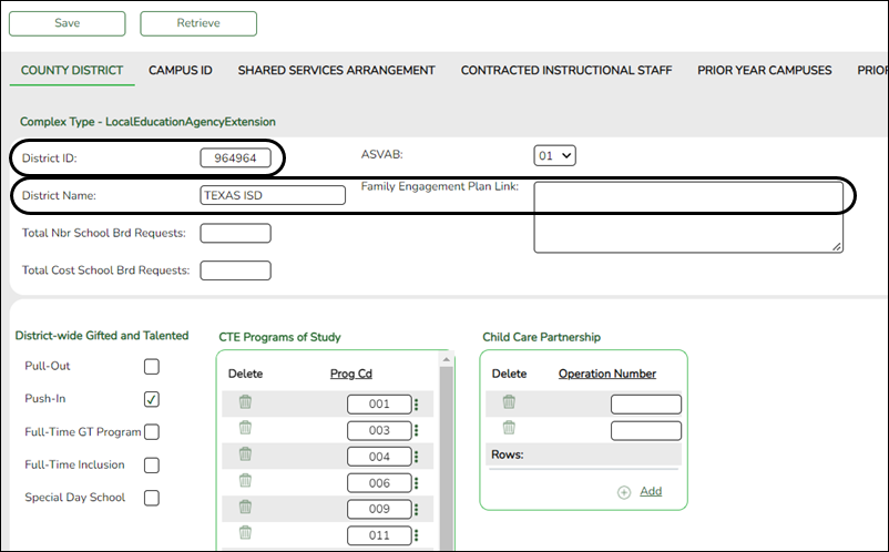 snippet of County District tab with ECDS elements highlighted