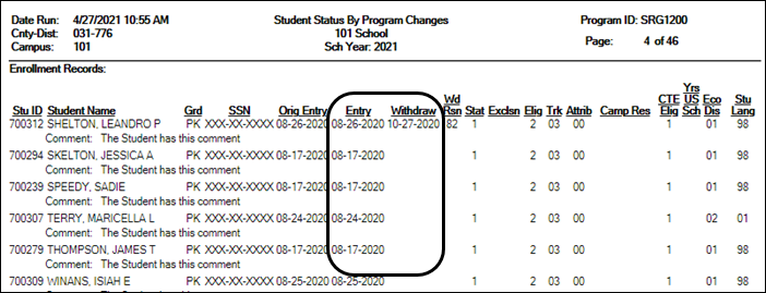 SRG1200 report with Print Enroll Records parameter set to Y SRG1200 report with Print Enroll Records parameter set to Y