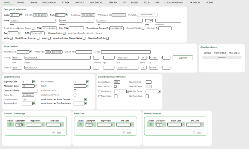 Demo1 tab with Student Category fields circled