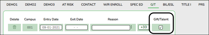 GT tab with Gift/Talent field circled