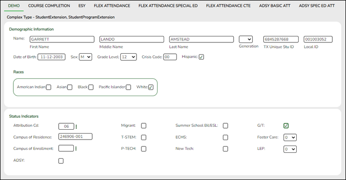 Extended Maintenance Demo tab