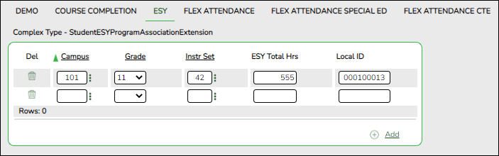 Extended Maintenance ESY tab