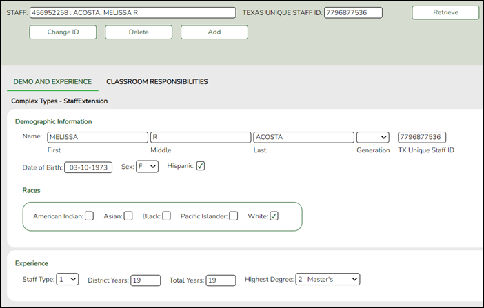 Staff Demo and Experience tab