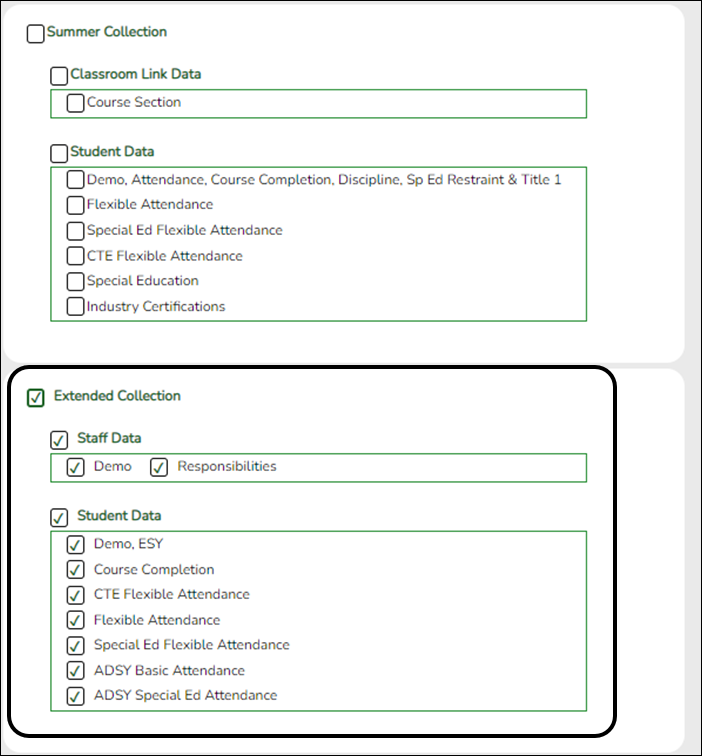 Delete/Clear Tables utility page with Extended Collection section circled