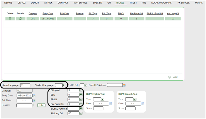 Bil/ESL tab with fields circled