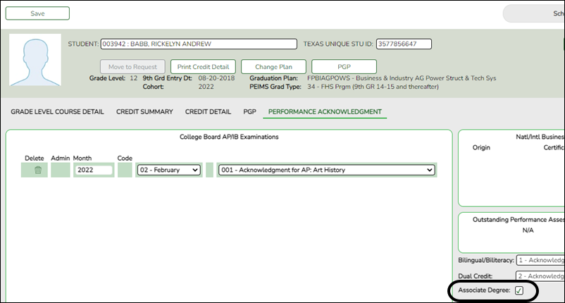 Performance Acknowledgement tab with Associate Degree field highlighted