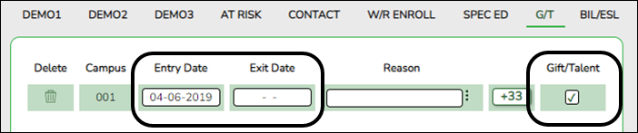 G/T tab with Entry/Exit Date and Gift/Talent fields highlighted