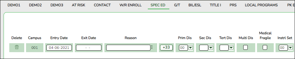 SpecEd tab with Entry/Exit dates highlighted