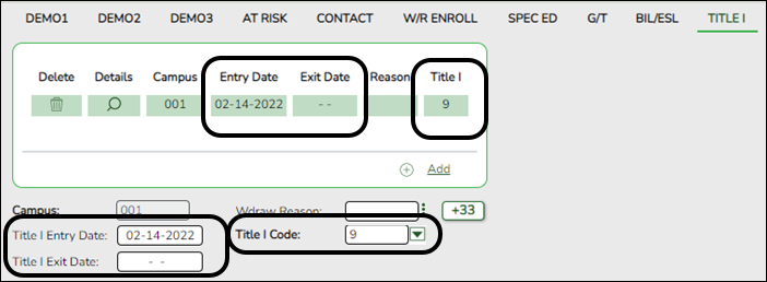 Title I tab with fields circled