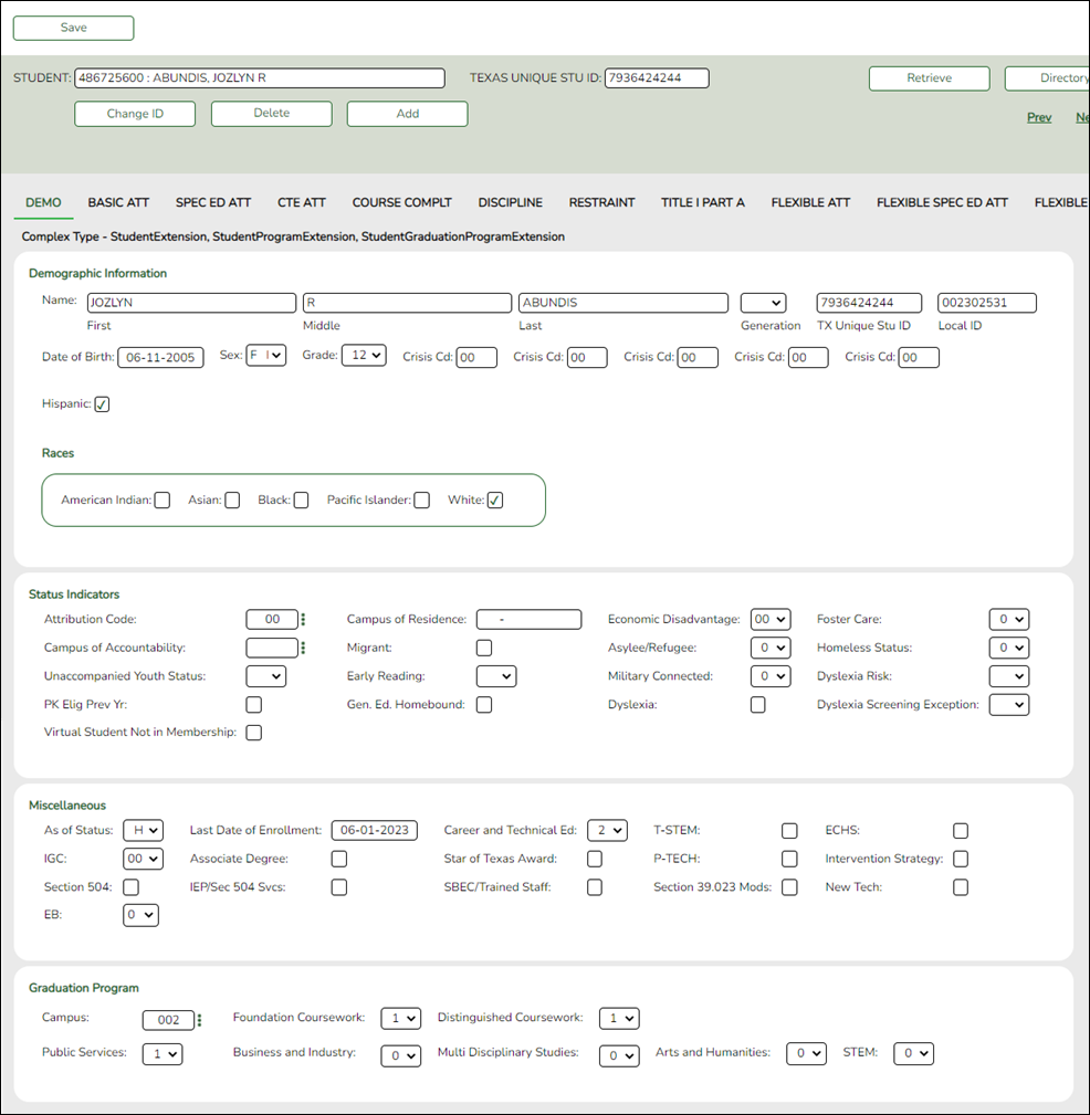 Student Demo tab