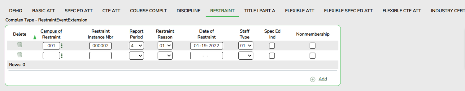 Student Restraint tab