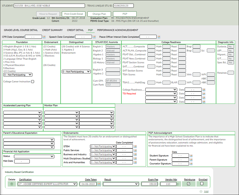 snippet of PGP tab with Industry Credentials or Certifications fields highlighted