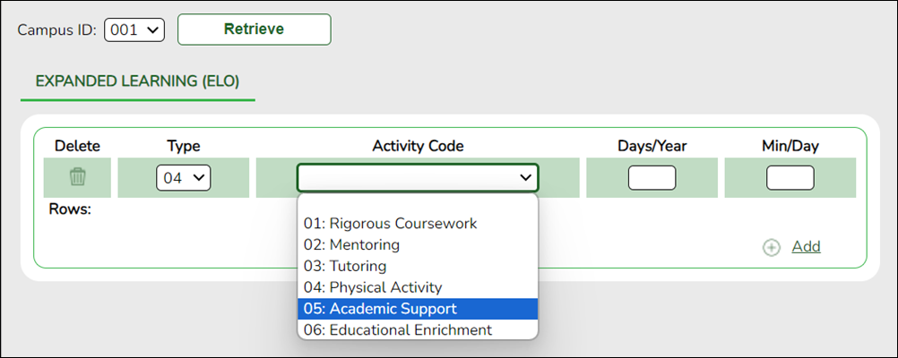 Registration Campus Programs ELO tab