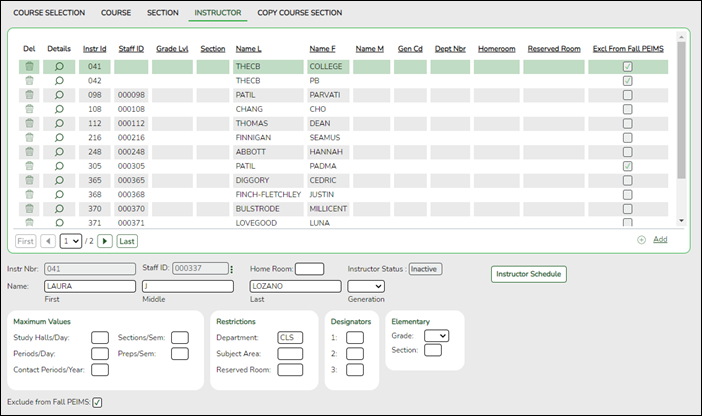 Campus Master Schedule Instructor tab