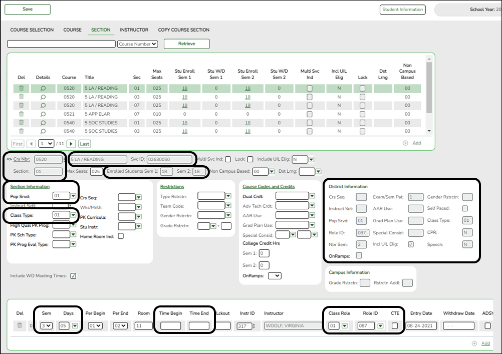 Campus Master Schedule Section tab