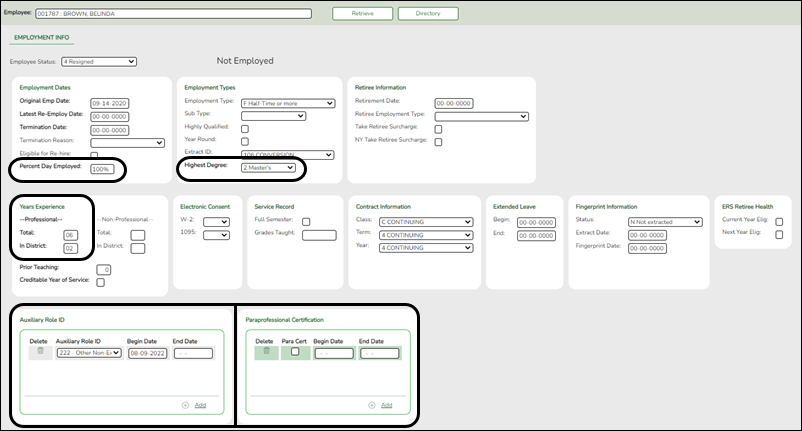 Employment Info tab