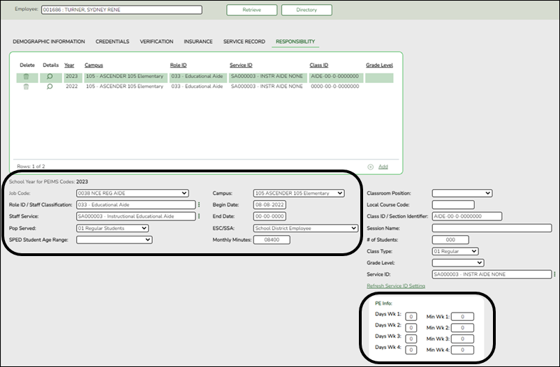 Responsibility tab with PEIMS fields highlighted