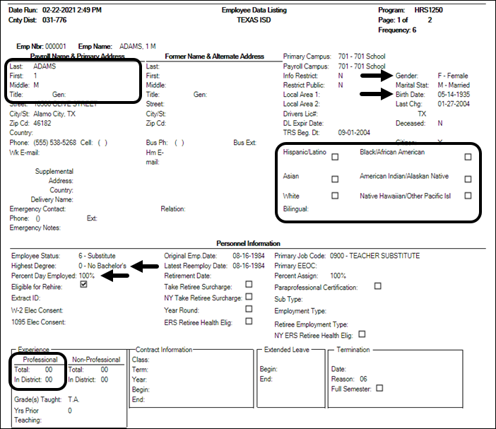 HRS1250 - Employee Data Listing report - page 1