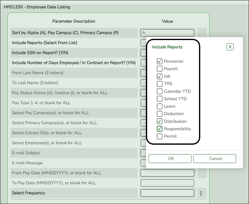 snippet HRS1250 parameters page showing reports lookup