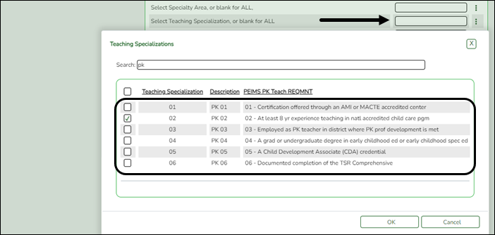 snippet of HRS1600 parameters page with Teaching Specializations lookup displayed snippet of HRS1600 parameters page with Teaching Specializations lookup displayed