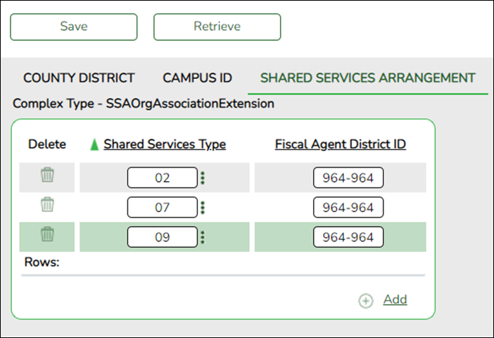 Shared Services Arrangement tab