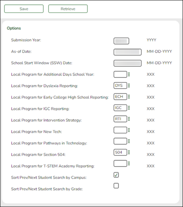 State Reporting Options tab