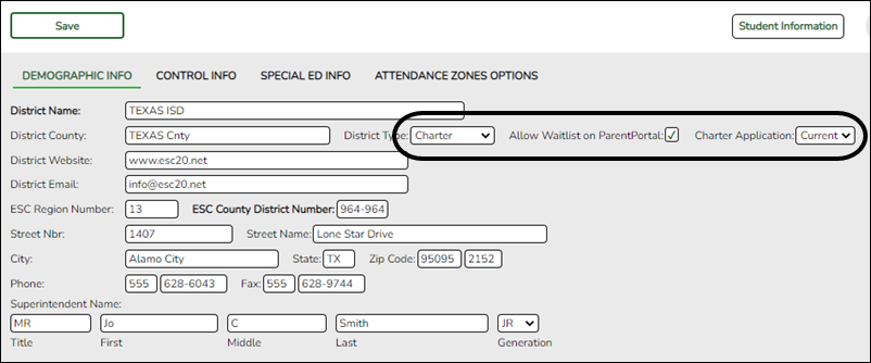 District Demographic Info tab with New Charter School Waitlist options highlighted