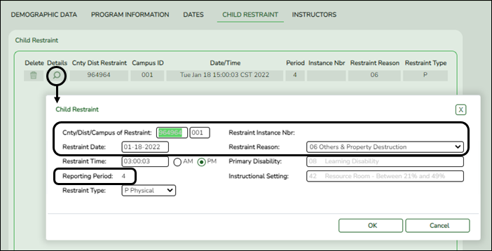 Special Ed Child Restraint tab pop-up window with RestraintEventExtension fields highlighted