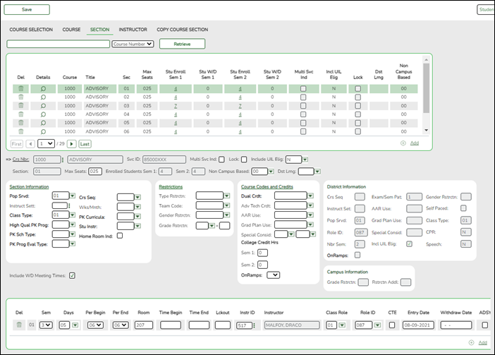 Grade Reporting Campus Master Schedule - Section tab