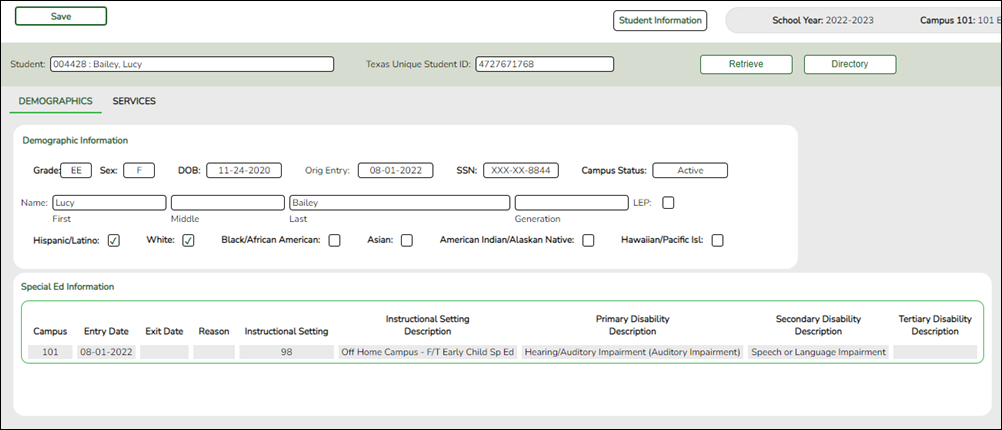 Special Education Language Acquisition Demographics tab