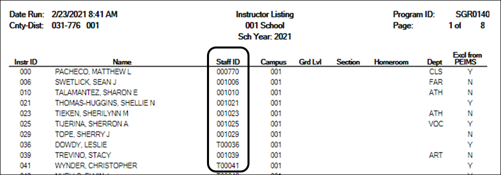 SGR0140 report with Staff ID field highlighted