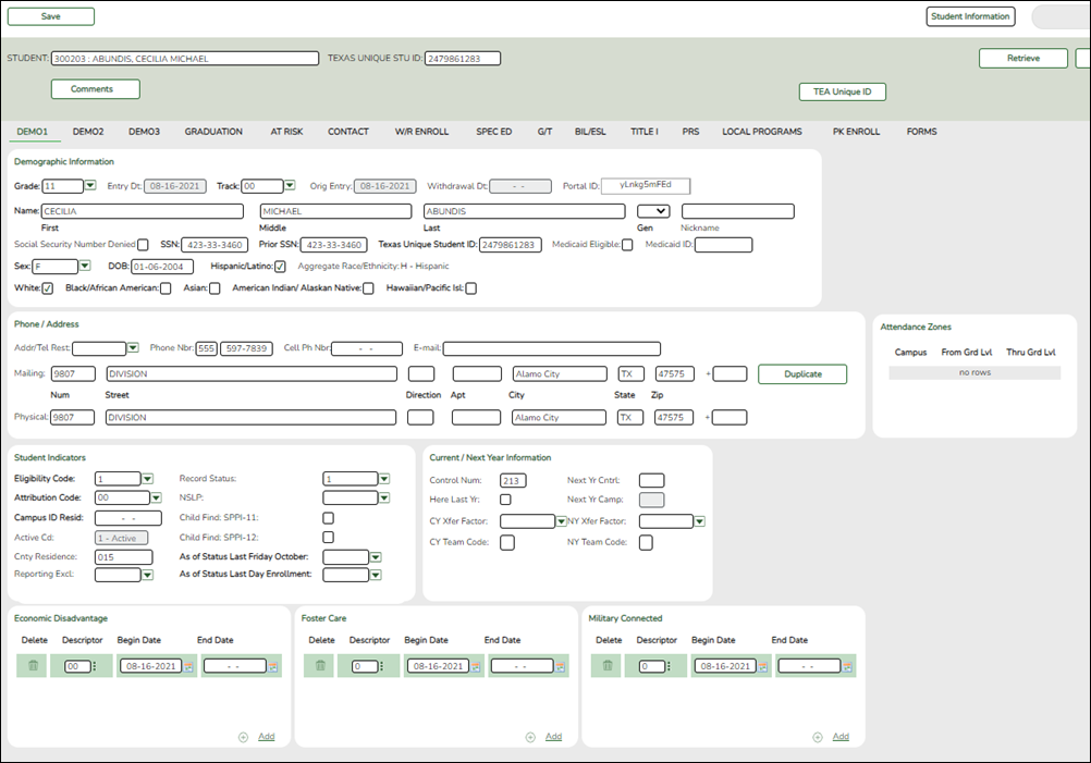 Registration Demo1 tab with Summer PEIMS elements highlighted