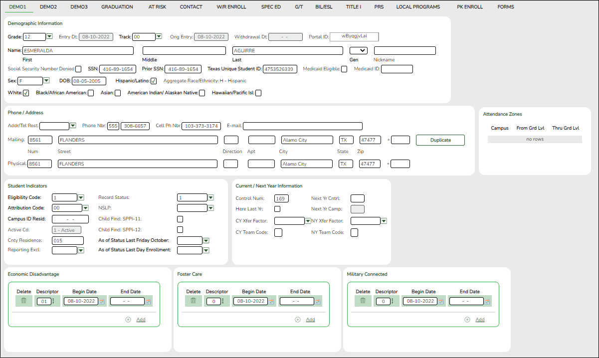 Demo1 tab with Student Category fields circled