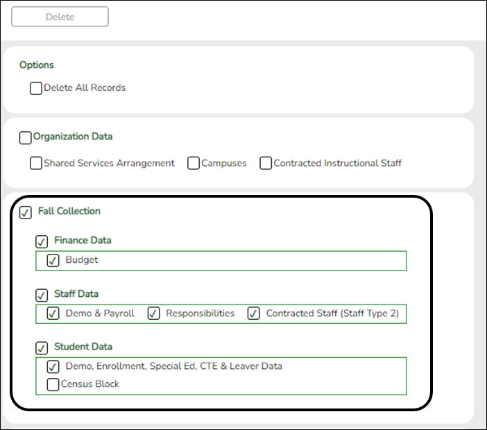 Delete/Clear Tables utility page with Fall Collection section circled