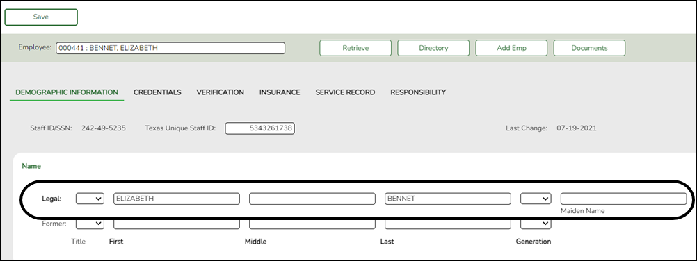 snippet of Demographic Information tab with ECDS elements highlighted