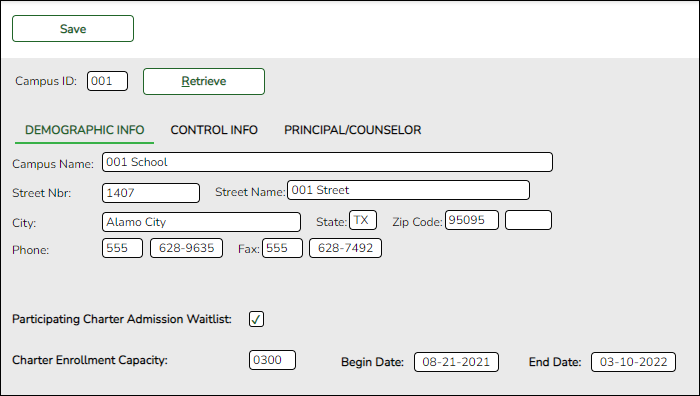 
Campus Profile Demographic Info tab with New Charter School Waitlist options highlighted