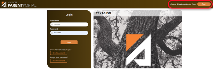 Parent Portal Login Screen with Charter School Application Form active