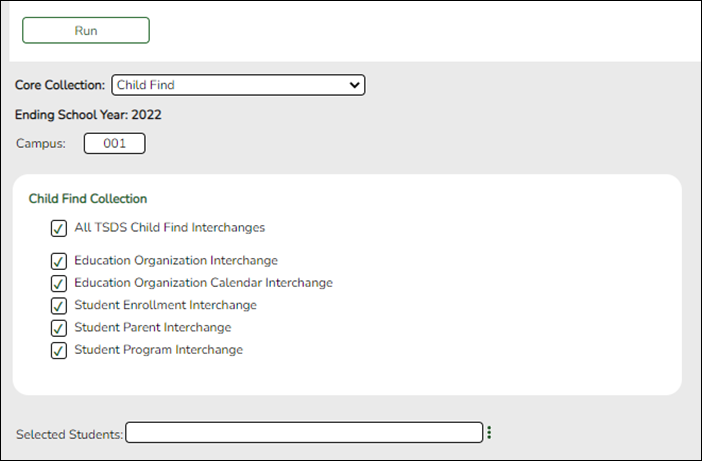 State Reporting Child Find Core Collection menu