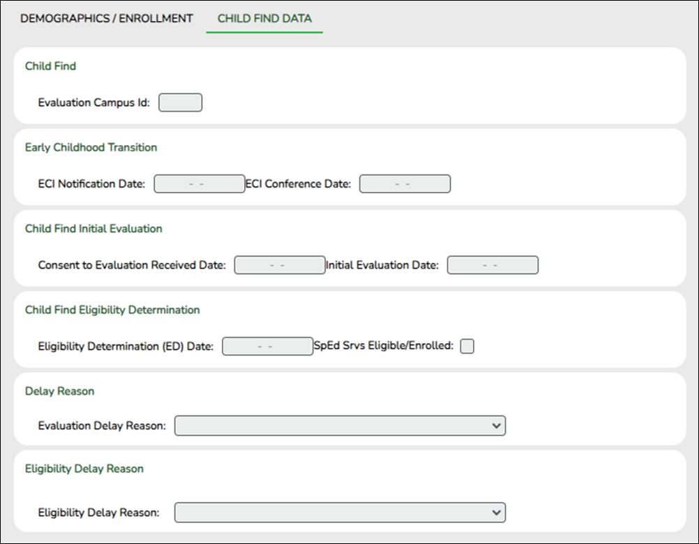 Sample image of the SPPI-12 Child Find Data tab