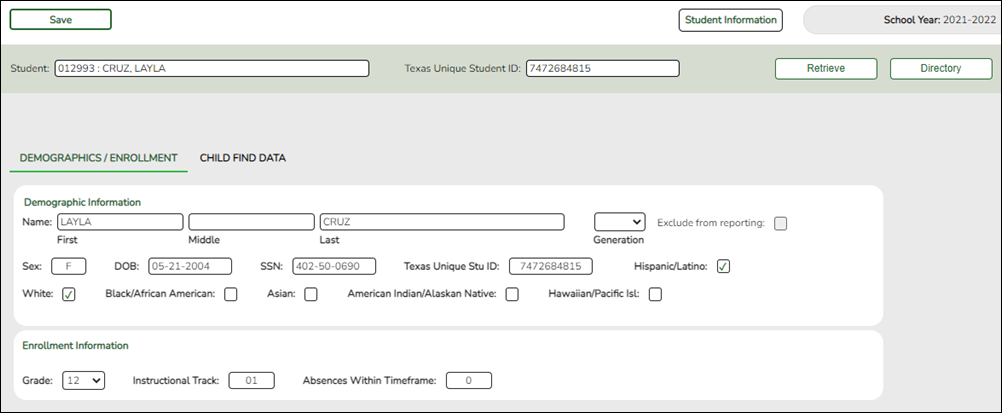 Sample image of the SPPI-11 and SPPI-12 Demographic/Enrollment tab