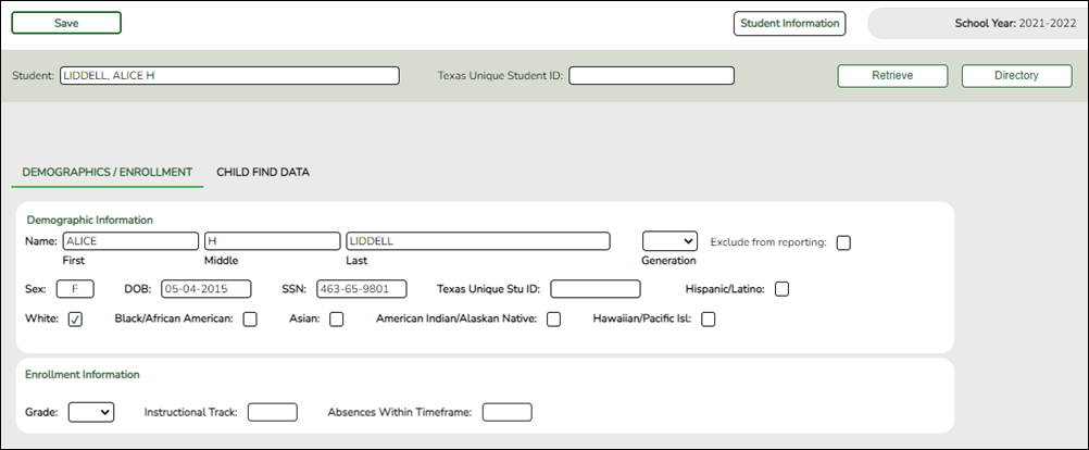 Sample image of the SPPI-11 Demographic/Enrollment tab