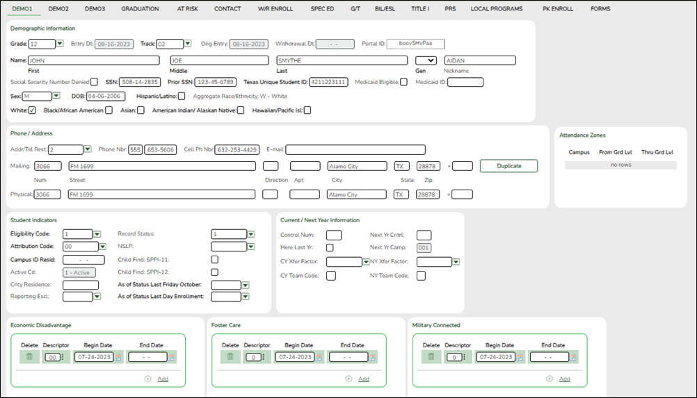 Child Find checkboxes in student indicators section on demo 1 screen