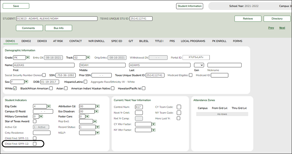 Child Find checkboxes in student indicators section on demo 1 screen Child Find checkboxes in student indicators section on demo 1 screen